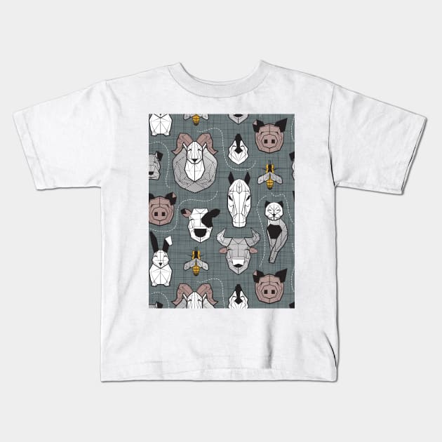 Friendly Geometric Farm Animals // pattern // green grey linen texture background black and white brown grey and yellow animals Kids T-Shirt by SelmaCardoso